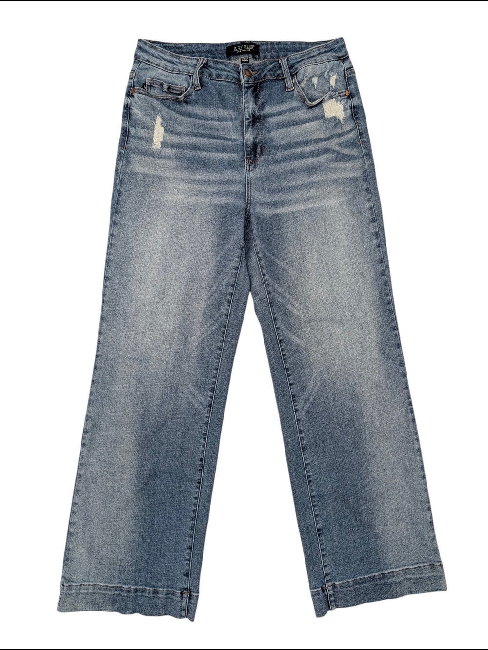 Judy Blue 15/32 High-Rise Medium Blue Wash Wide Leg Distressed Trouser Jeans